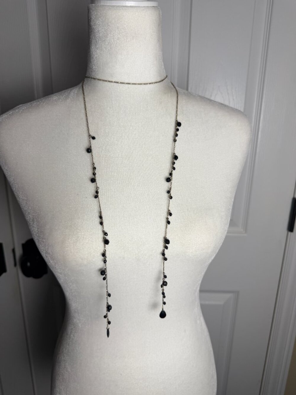 Vintage Extra Long Gold Tone & Black Crystal Bead Lariat Necklace Layered Choker